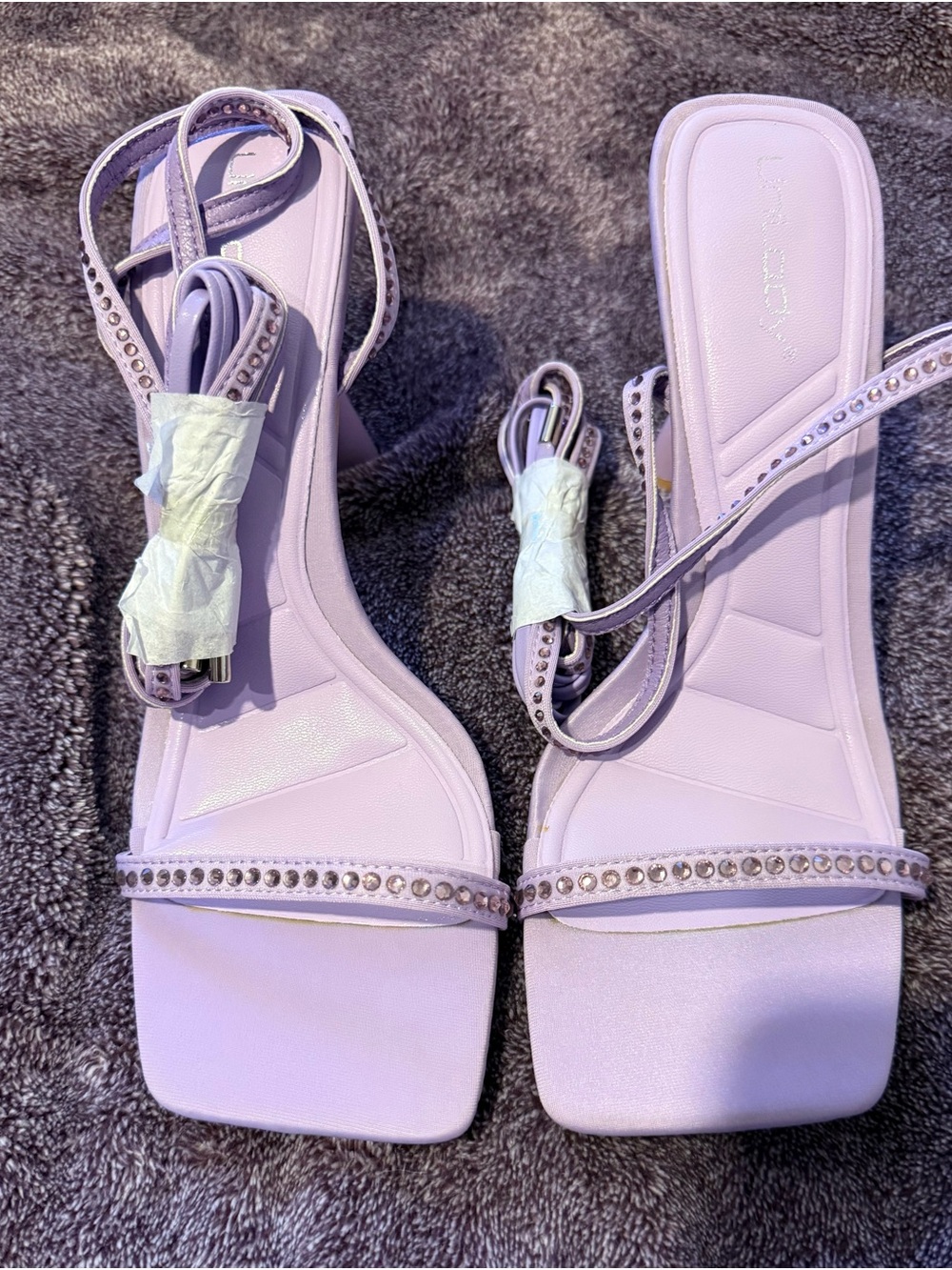 Lilac Rhinestone Strap Square-Toe Heels with Ankle Wrap